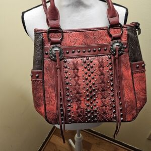 Montana West Red and Brown Studded Shoulder Bag